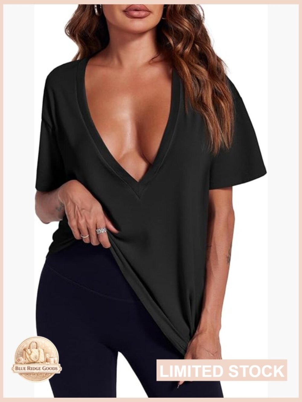 Deep V Neck T-Shirt Loose Fit Summer Casual Sexy Chic Basic Tee